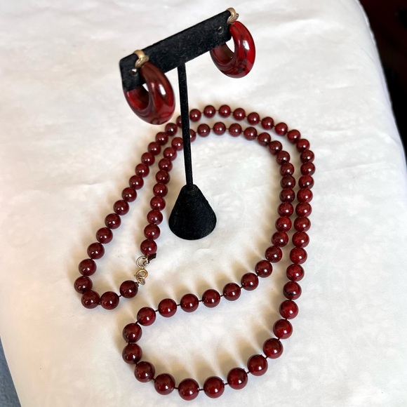 Sarah Coventry Long Necklace & Earrings Set Reddish Brown Marbled Vintage EUC - Picture 8 of 16